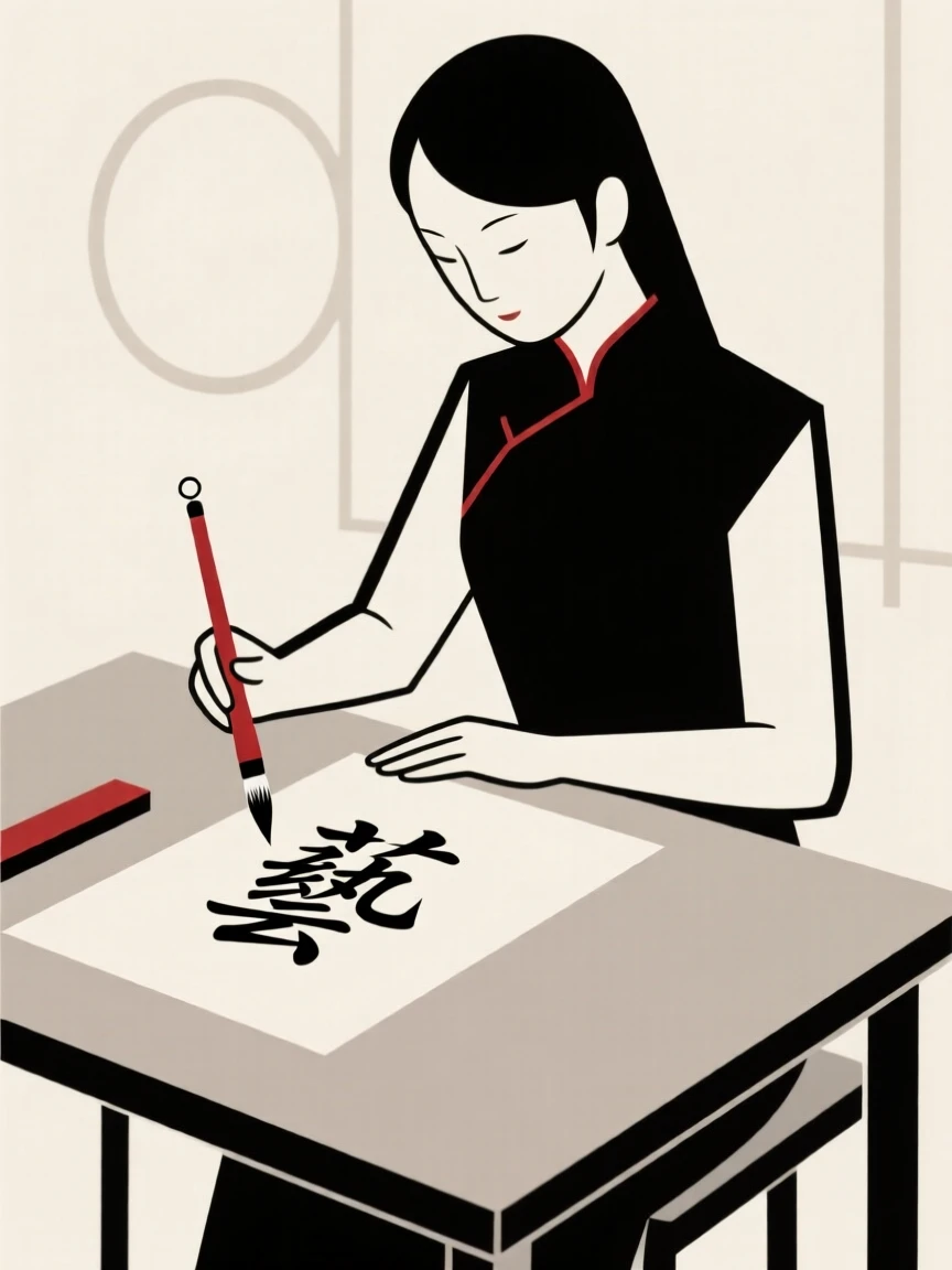 A woman practicing calligraphy at a desk