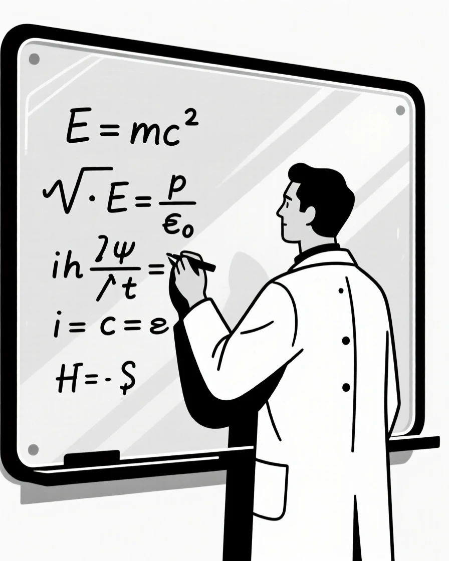 A physicist writing equations on a large glass board.