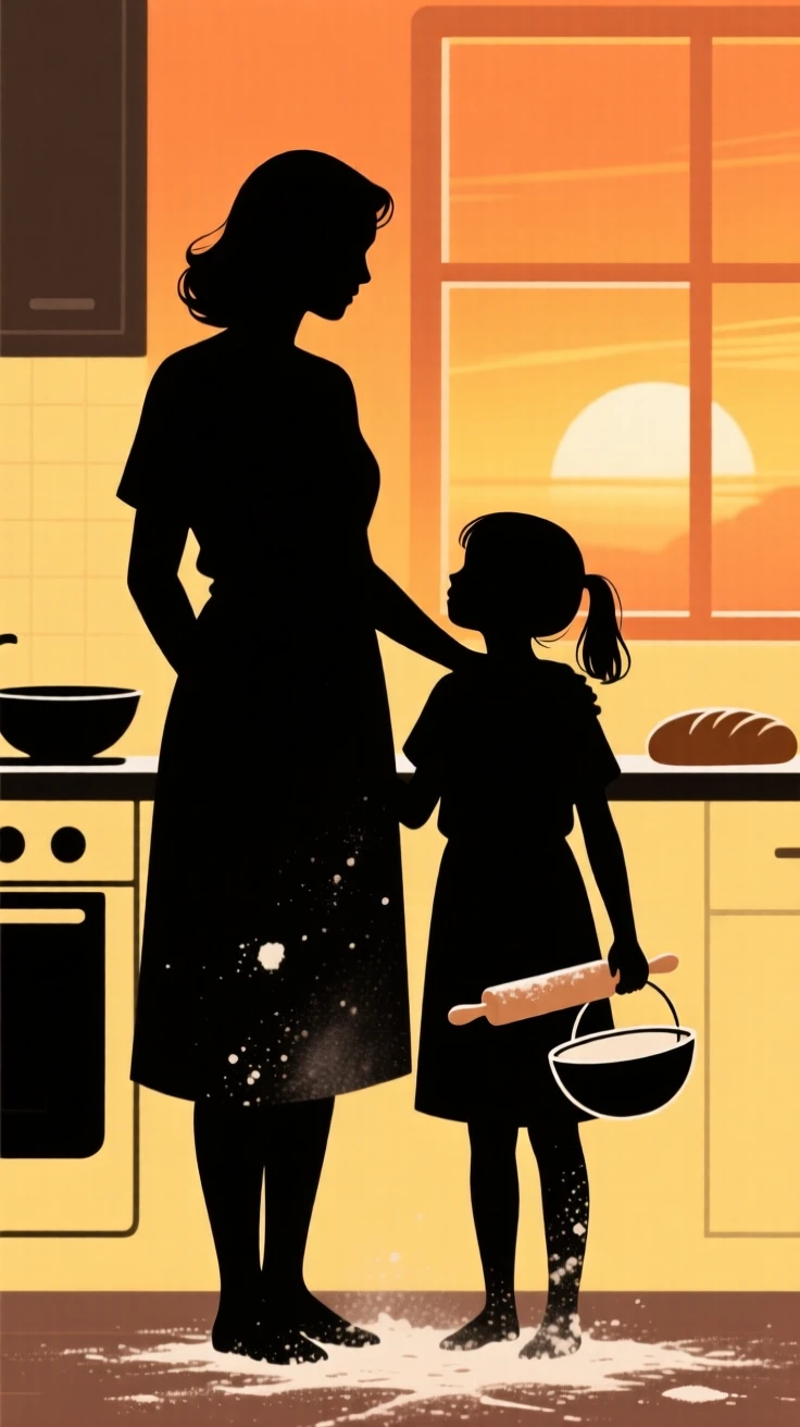 A mother and daughter standing side by side in the kitchen, both dusted with flour.