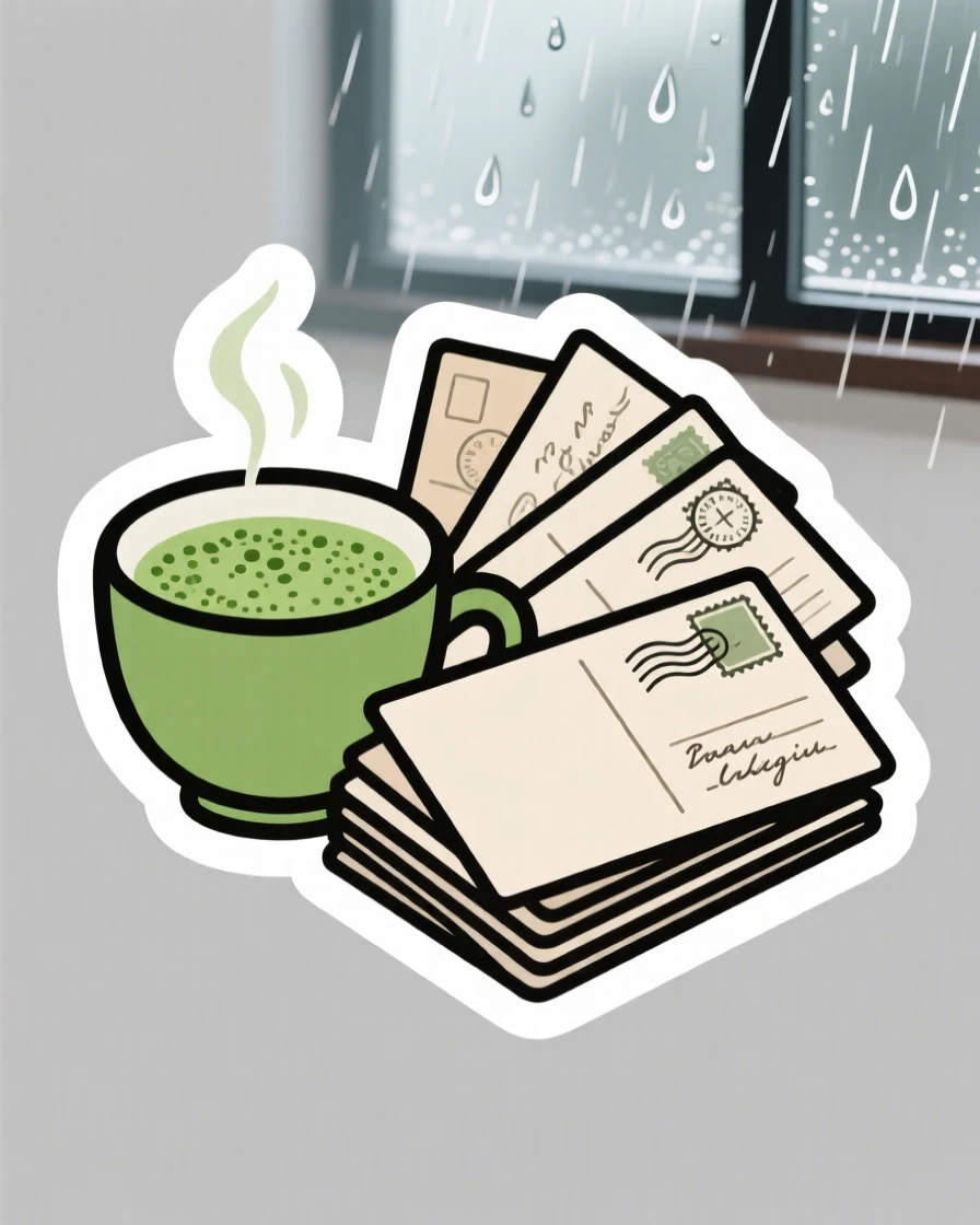 A charming cup of freshly brewed matcha, resting beside a stack of postcards, on a quiet rainy afternoon.