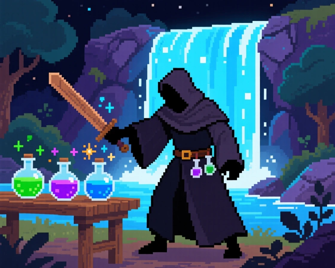 A cloaked alchemist mixing potions training with a wooden practice sword, beside a waterfall that glows at night.