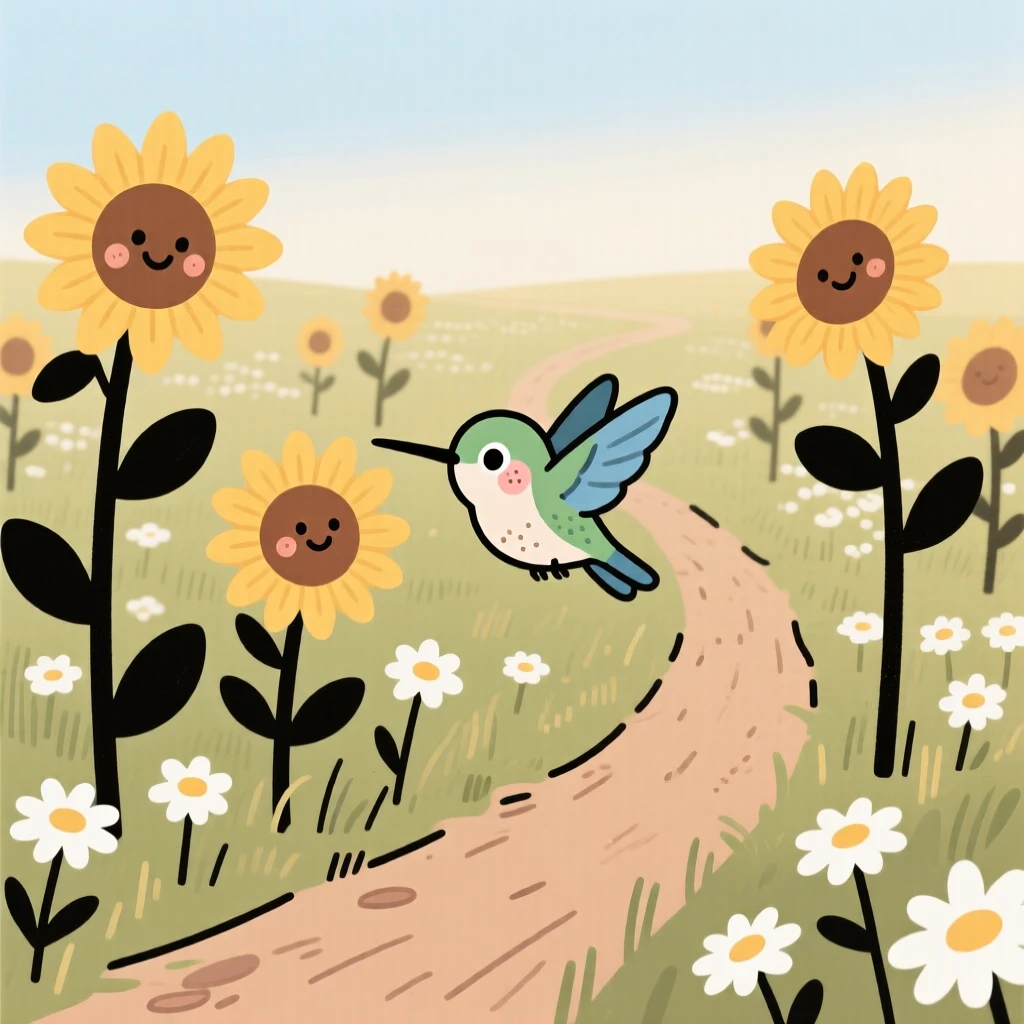 A winding path leads through a sprawling meadow bursting with sunflowers and daisies, where a hummingbird pauses among the blooms.