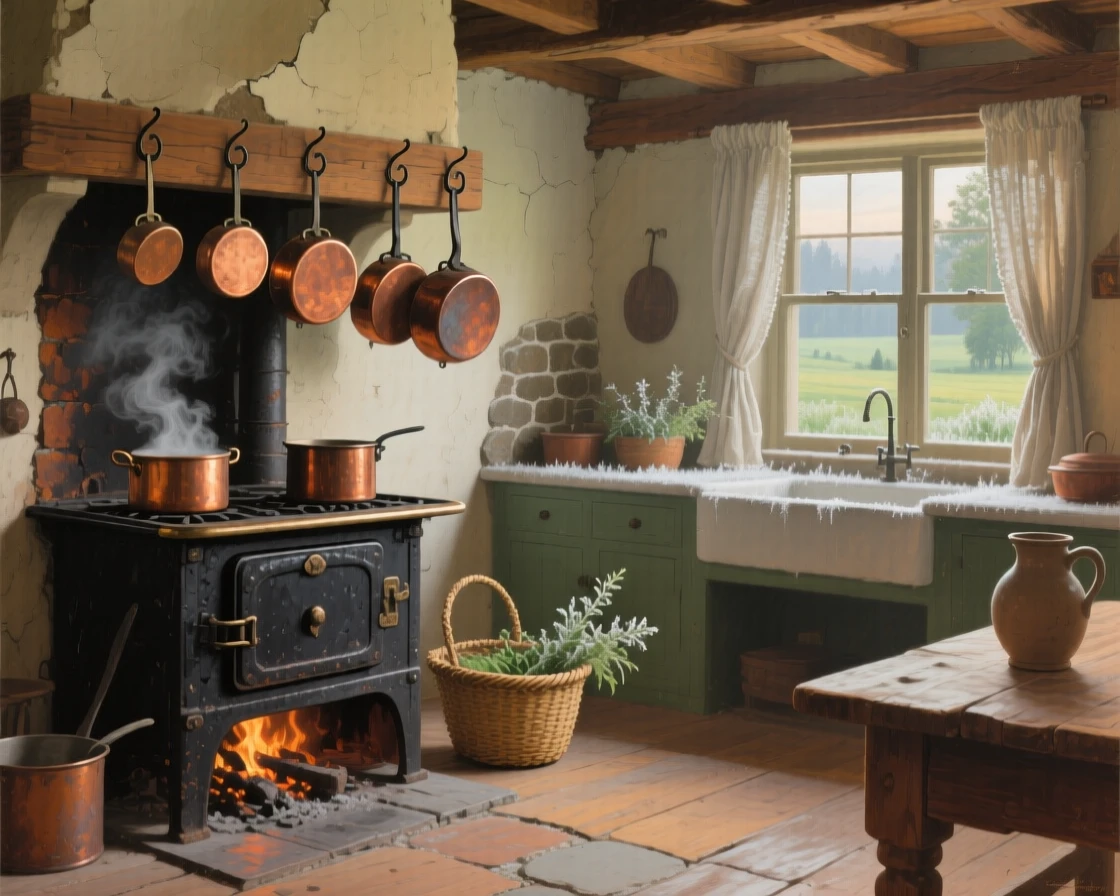 A broad landscape view of a farmhouse kitchen with copper pots hanging above a wood-fired stove, beneath fresh fallen frost, at the start of a humid summer.