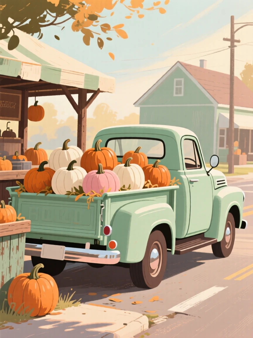 A classic pickup truck loaded with pumpkins at a roadside stand