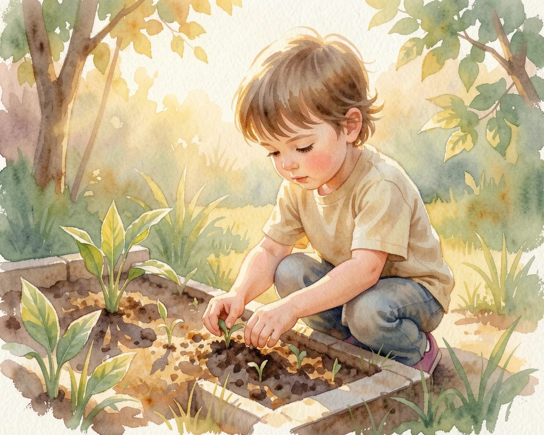 A child planting seeds in a small garden bed as golden afternoon light glows around them.