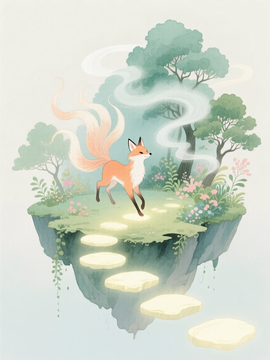A tiny kitsune spirit skips across stepping stones of light in a floating garden island, as a gentle mist curls through the trees
