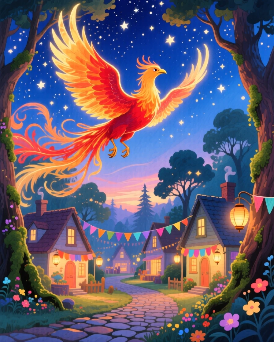 A glowing phoenix soaring above a village during a starlit festival, in an enchanted forest at twilight, evoking awe and quiet enchantment.