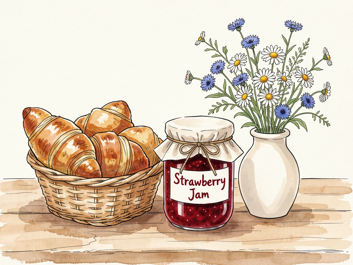 A basket of freshly baked croissants beside a jar of homemade jam and a small vase of wildflowers