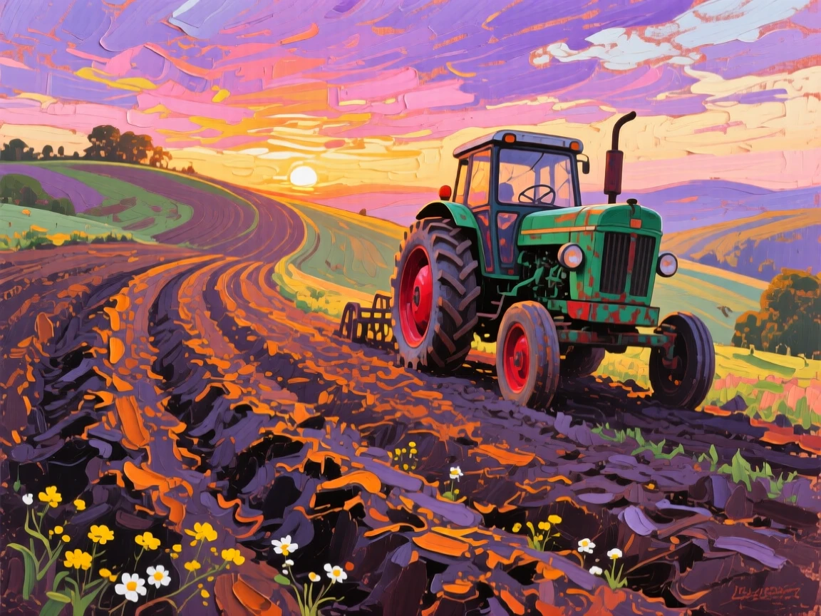 a tractor following curved rows on a hillside, at sunrise, composed along a natural leading line.