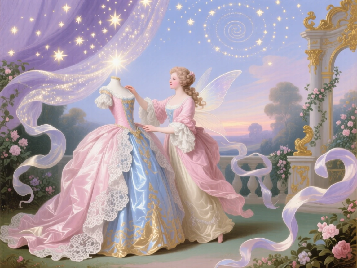 A fairy godmother arranging a ballroom gown beneath a canopy of stars  