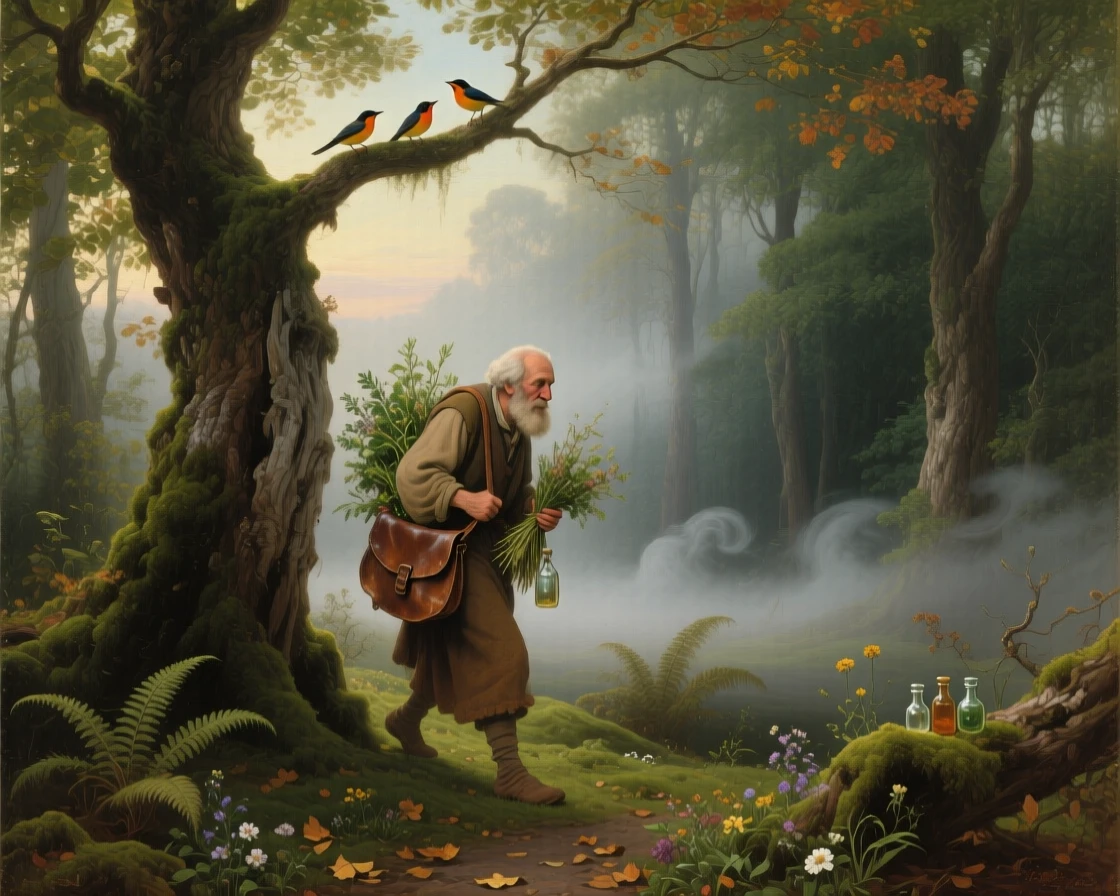An old herbalist moves quietly through a misty grove at the forest's edge while birds call from the branches.