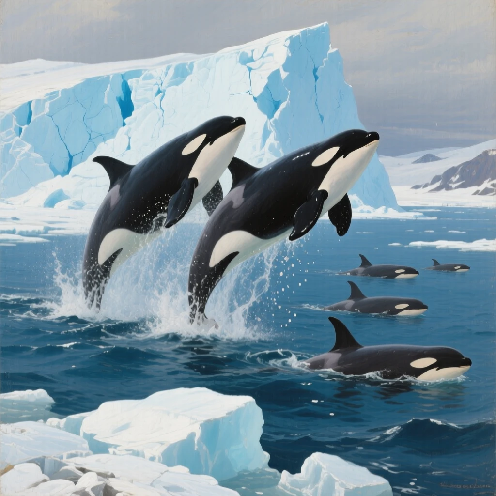 A pod of orcas breaching together in the icy waters near a glacier, as the rest of its family group remains close by, highlighting the quiet majesty found in the natural world