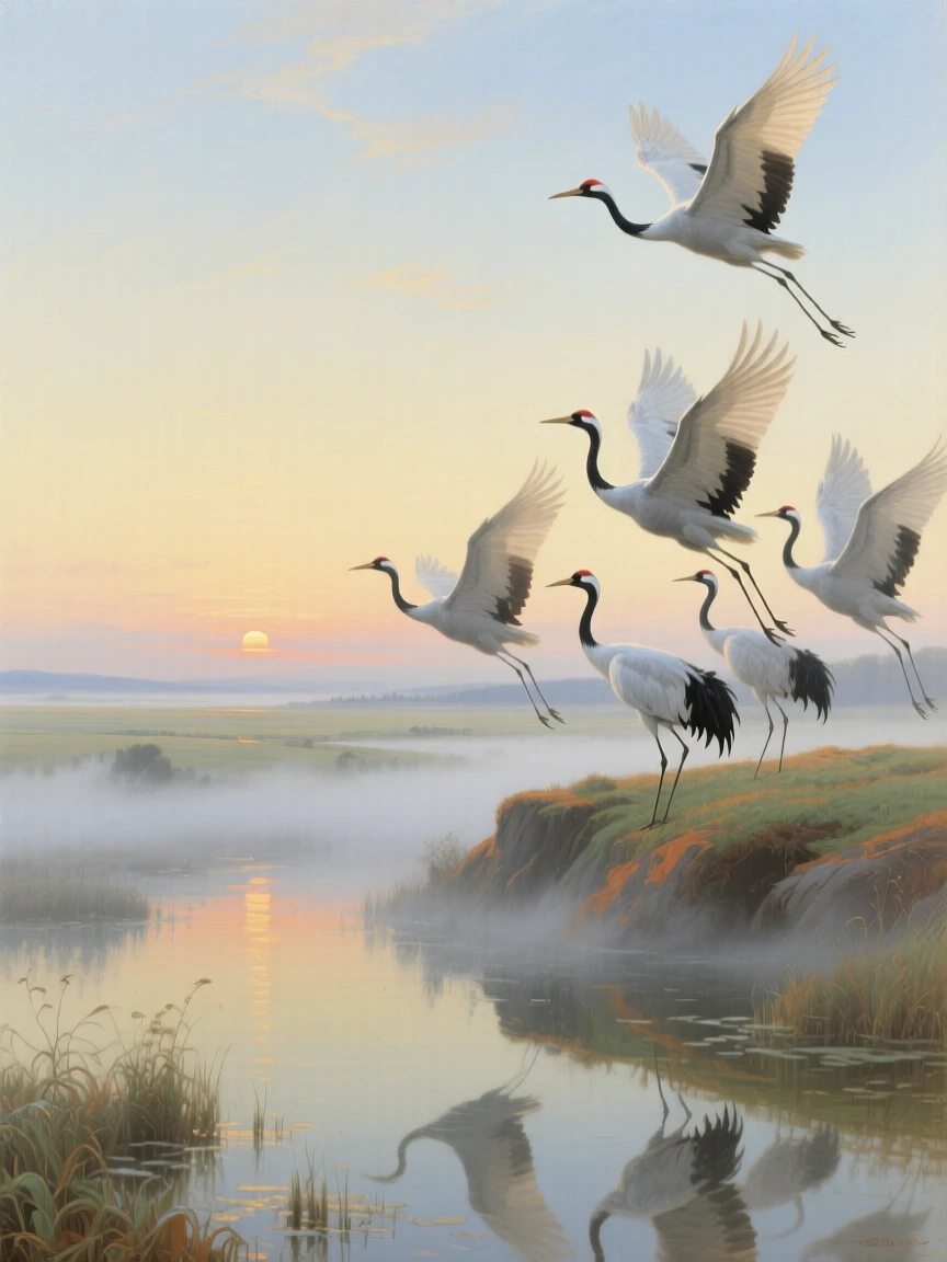A flock of cranes taking flight from a mist-covered wetland at sunrise captured in a moment of wild grace and quiet power, set atop a windswept ridge overlooking a vast, open landscape, with reflections in still water doubling the beauty of the moment; the animal is placed off-center to leave room for the vast, breathing landscape, filled with gentle warmth and admiration for living creatures.