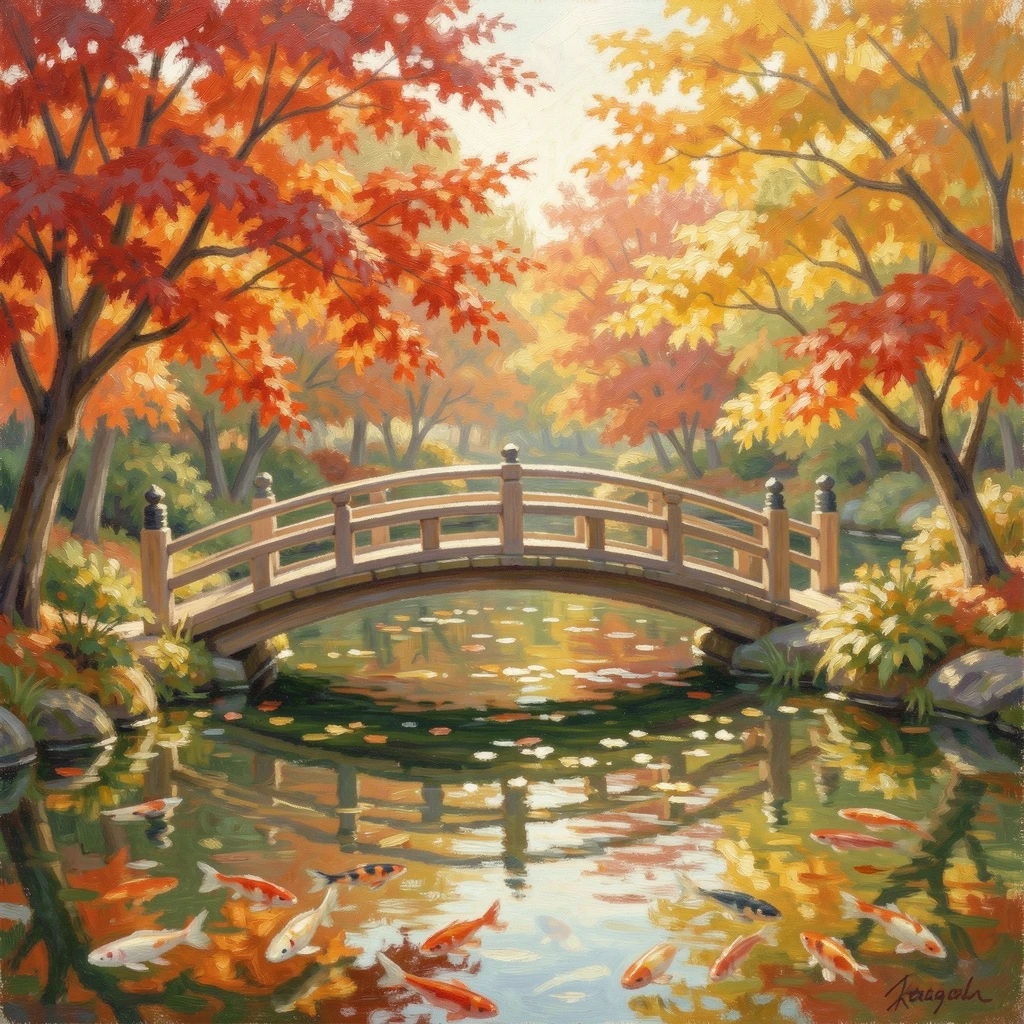 A tranquil Japanese garden with a curved wooden bridge over a koi pond, maple trees ablaze in autumn color.