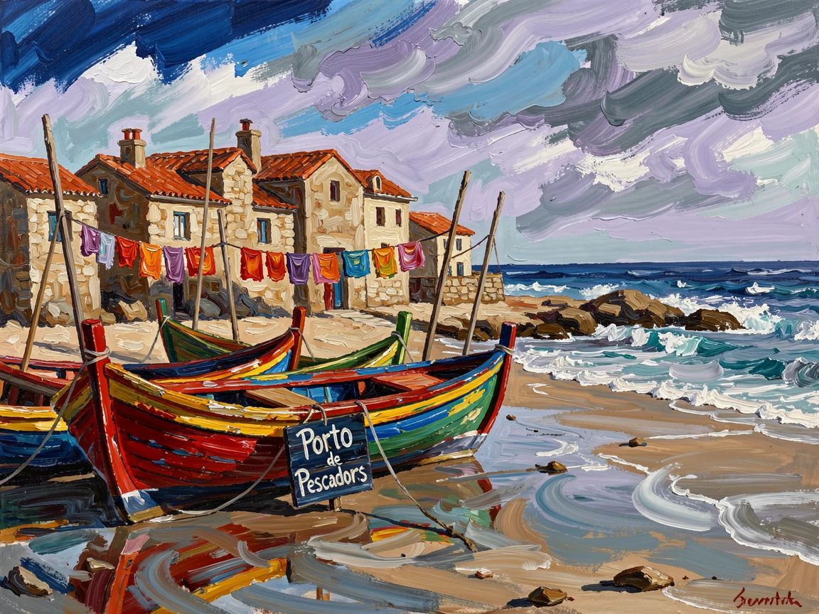 A fishing village on the coast of Portugal, colorful boats resting on the sand at low tide.
