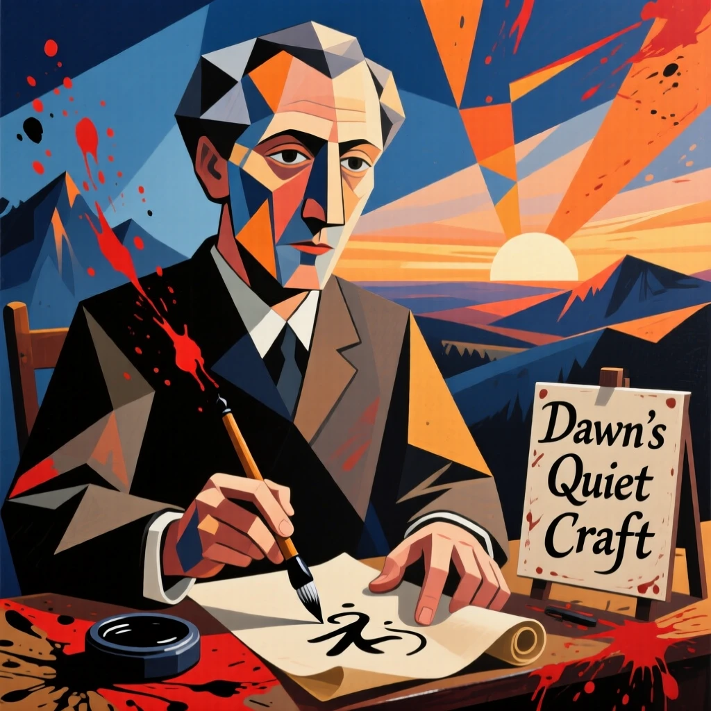 A medium shot portrait of a calligrapher at dawn before the day's work begins, focused and content in the craft.