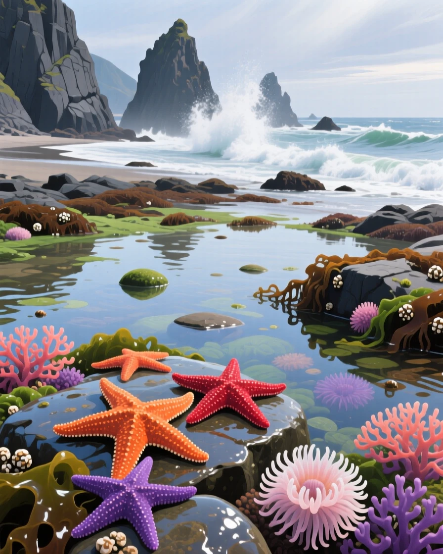 A quiet tide pool scene on the Oregon coast reveals starfish and sea anemones in vivid colors, waves crashing against basalt cliffs in the background, the composition balancing a wide sweeping view with intimate, carefully observed foreground detail.