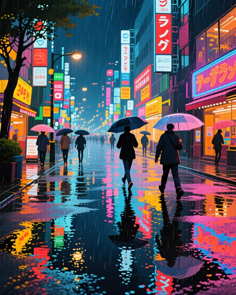 A rain-soaked Tokyo street at night, neon signs reflecting in puddles as pedestrians hurry past with umbrellas