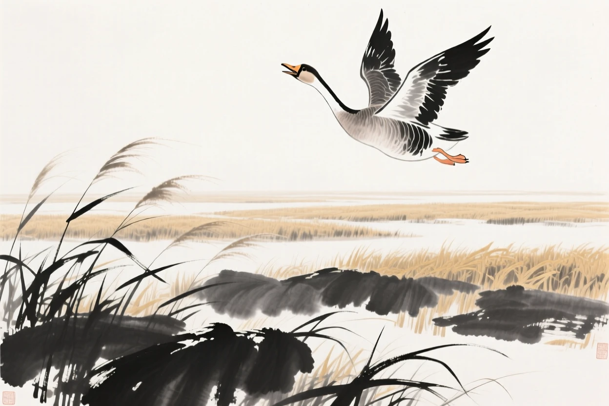 A single goose calls out as it flies low over a reed marsh, above fields turning gold with the season.