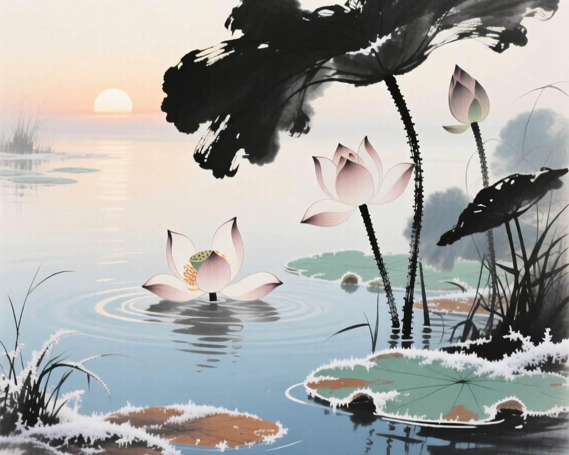 Lotus flowers opening at first light above a still pond, in the quiet hour before sunrise, as winter frost settles.