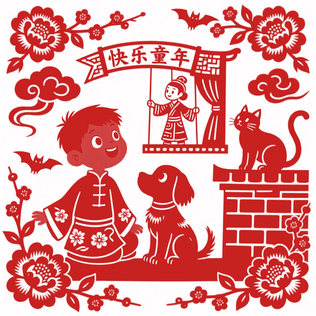 A boy and his puppy, watching a puppet show with wide, delighted eyes, a cat watching curiously from a garden wall.