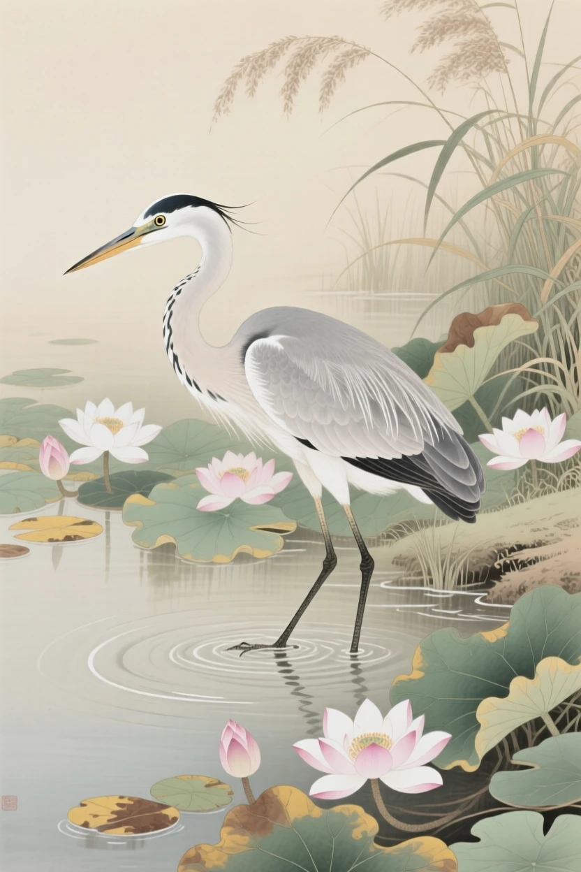 A heron fishing at the edge of a marsh in a pool bordered by blooming water lilies