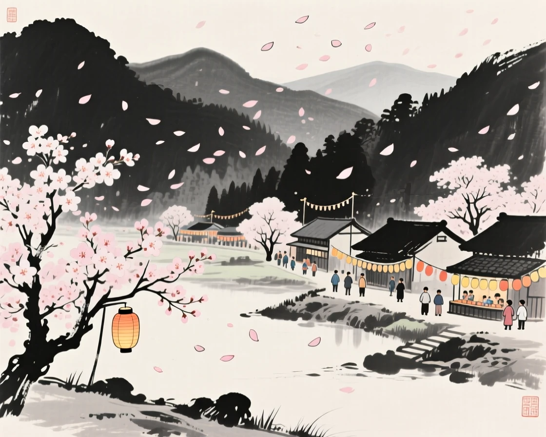 A spring festival with drifting cherry blossom petals in a quiet mountain village, framed to capture both intimate detail and the wider atmosphere, evoking festive warmth and communal joy.
