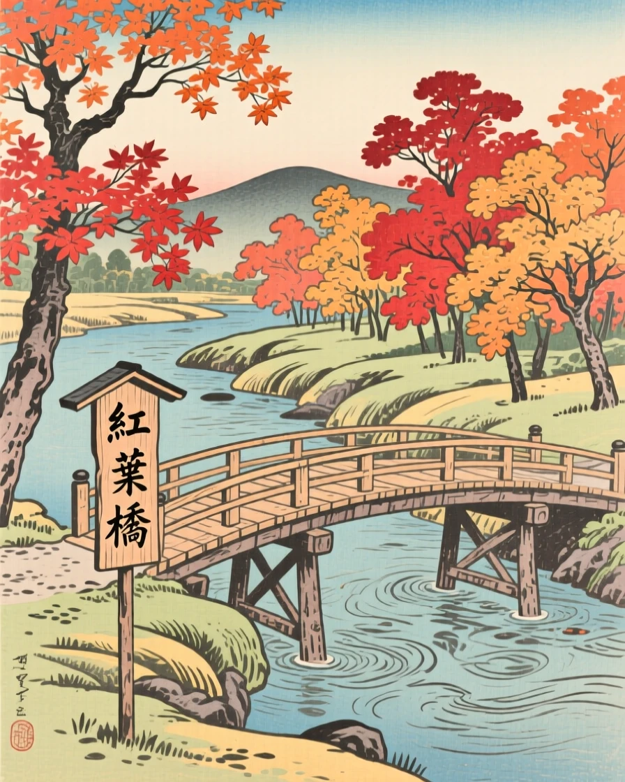 A maple-lined riverbank, crossed by a simple wooden footbridge.