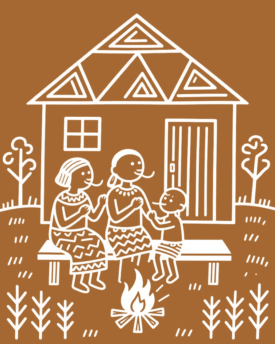Three generations of one family singing together around a fire on a bench outside a home.