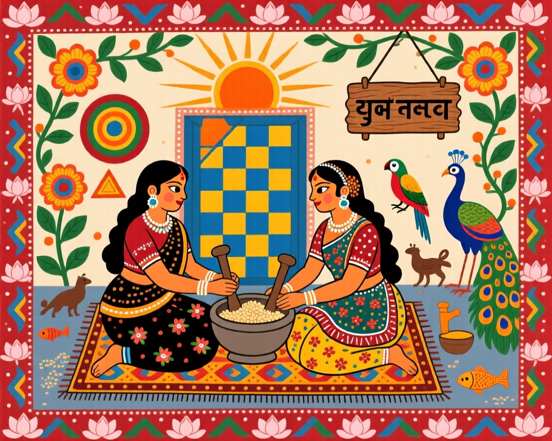 Women grinding grain together outside a courtyard at early morning.