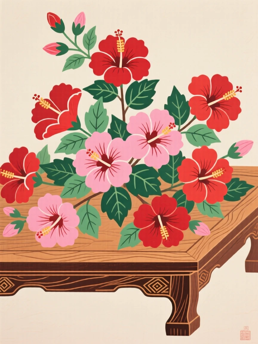 A still arrangement of hibiscus flowers in bright bloom scattered across a low wooden table.