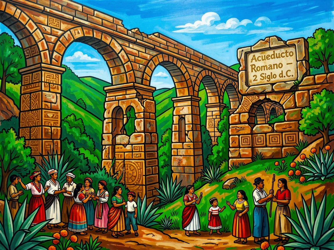 A crumbling Roman aqueduct stretching across a green valley