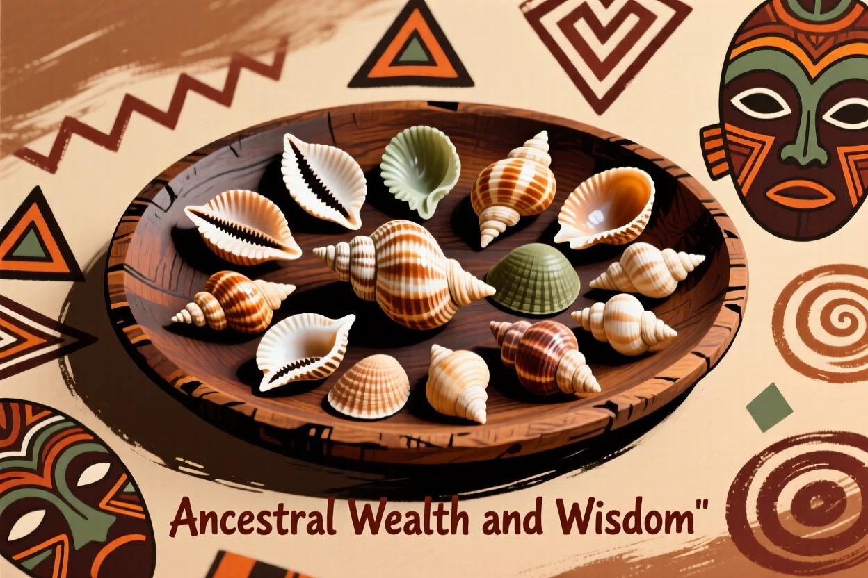 A collection of cowrie shells arranged on a wooden tray.