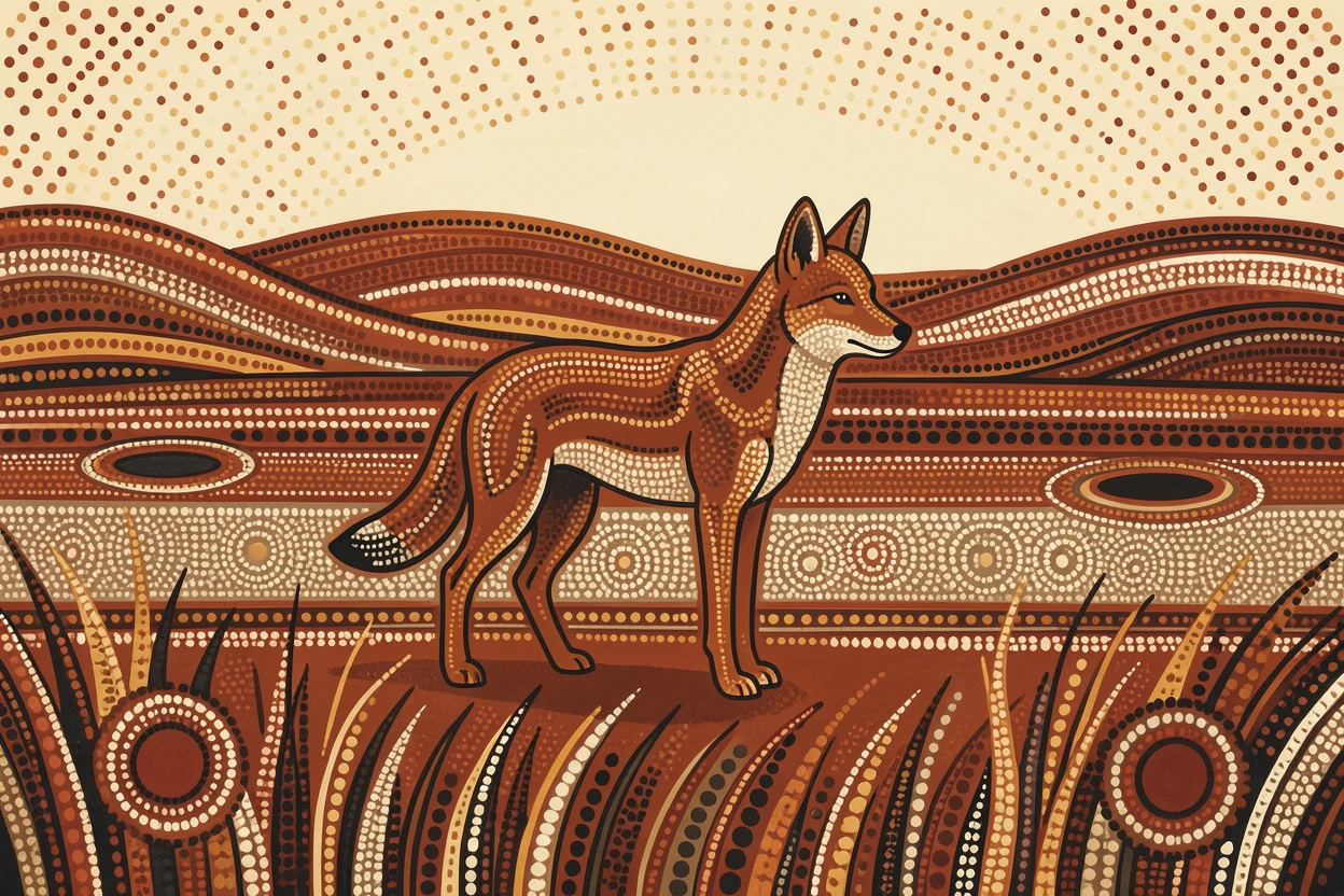 A dingo crossing an open grassland at dawn