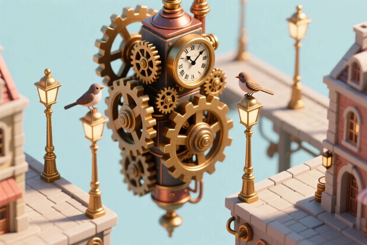 A floating steampunk clock city where enormous gears form the streets themselves, with clockwork birds perched on brass lampposts.