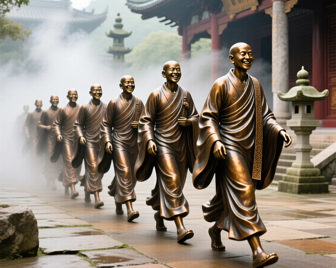A procession of monks walking through a misty temple courtyard, filled with warmth, color, and joy, celebrating shared human joy