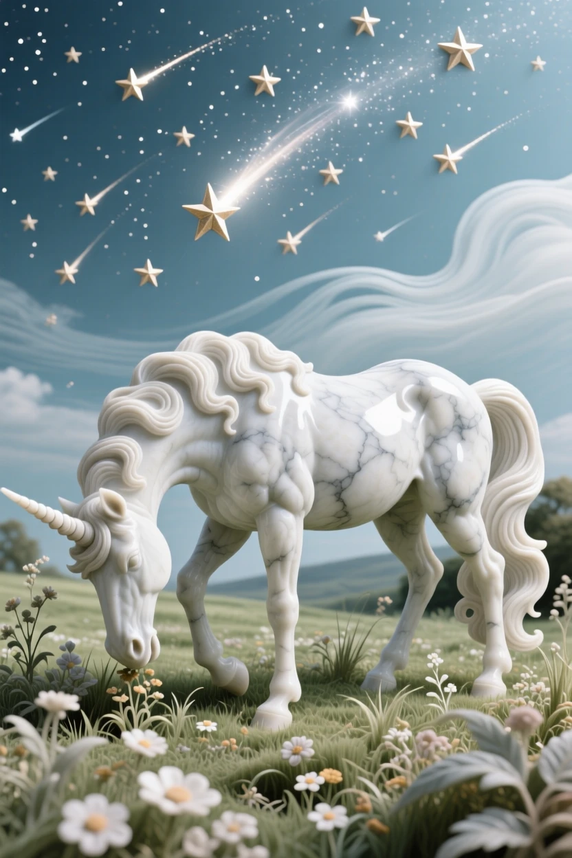 A unicorn grazing in an enchanted meadow, under a sky filled with shooting stars, radiating power and legend