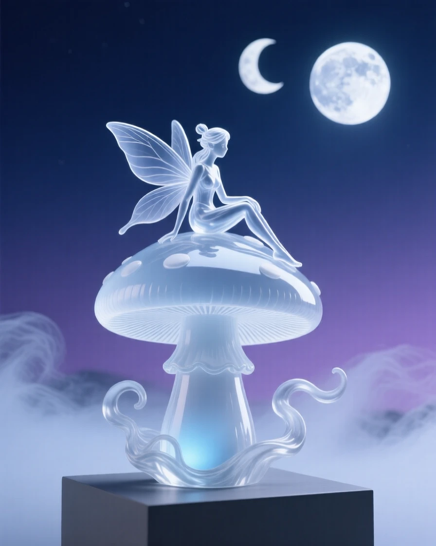 A fairy resting on a giant mushroom under a twilight sky filled with two moons, atmospheric fog rolling through the scene, feeling mysterious and enchanting.
