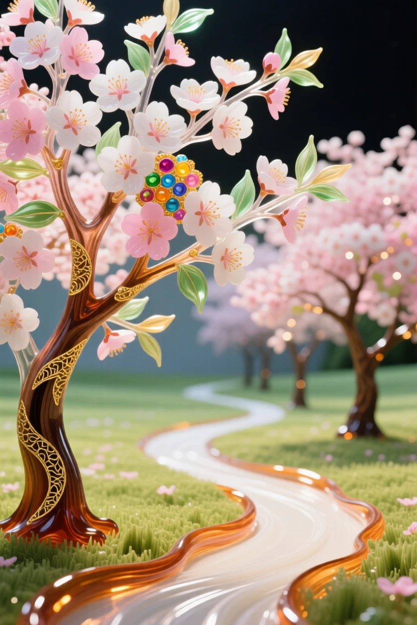 A field of cherry blossom trees in full bloom lining a quiet path, romantic and delicate.