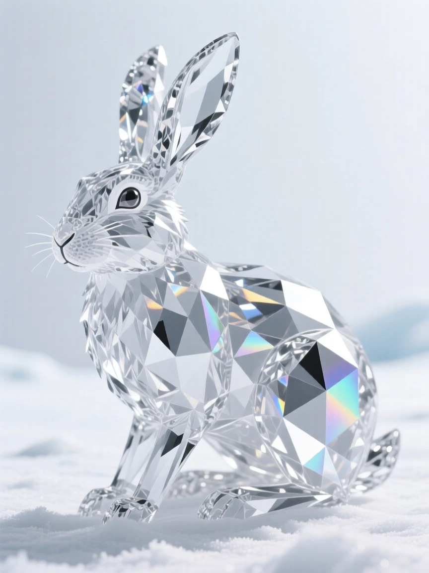 A snow-white arctic hare camouflaged against a frosty tundra landscape.