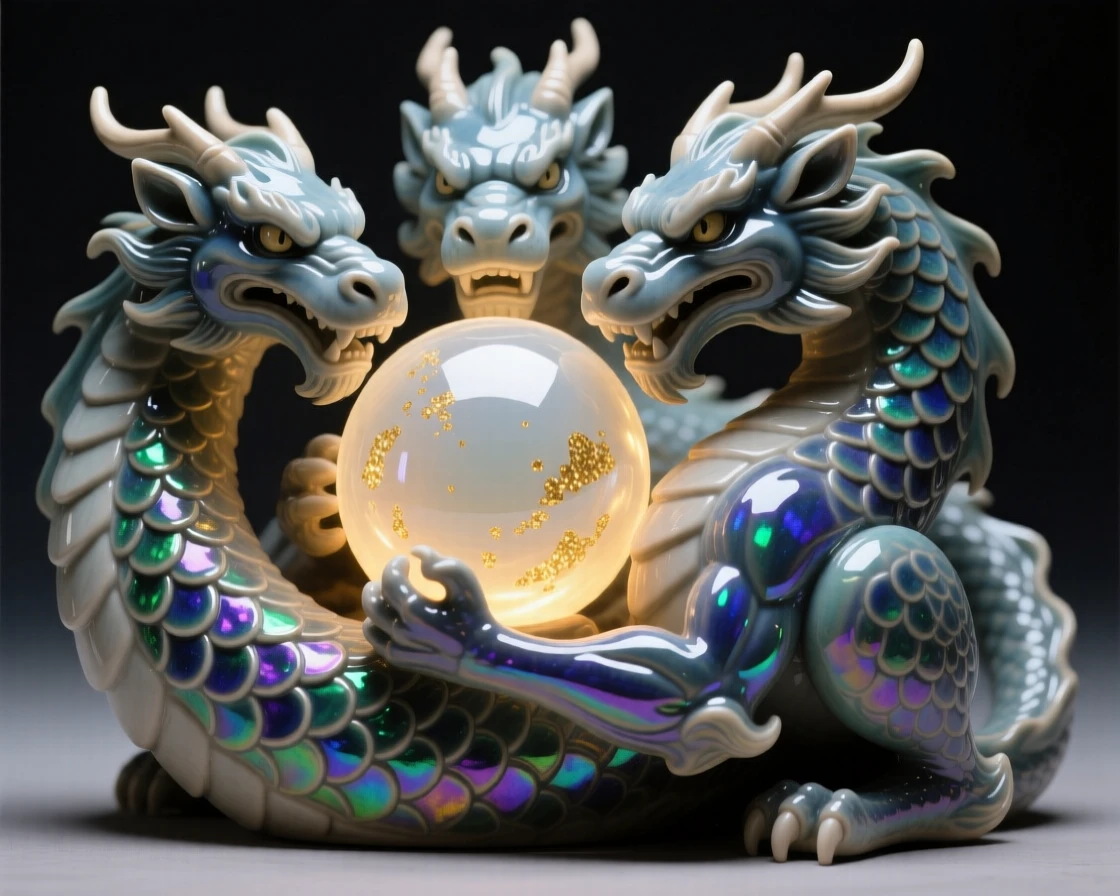 A chimera with three fierce heads coiled protectively around a glowing orb, with scales that seem to shimmer like jewels, evoking timeless wonder and ancient magic.