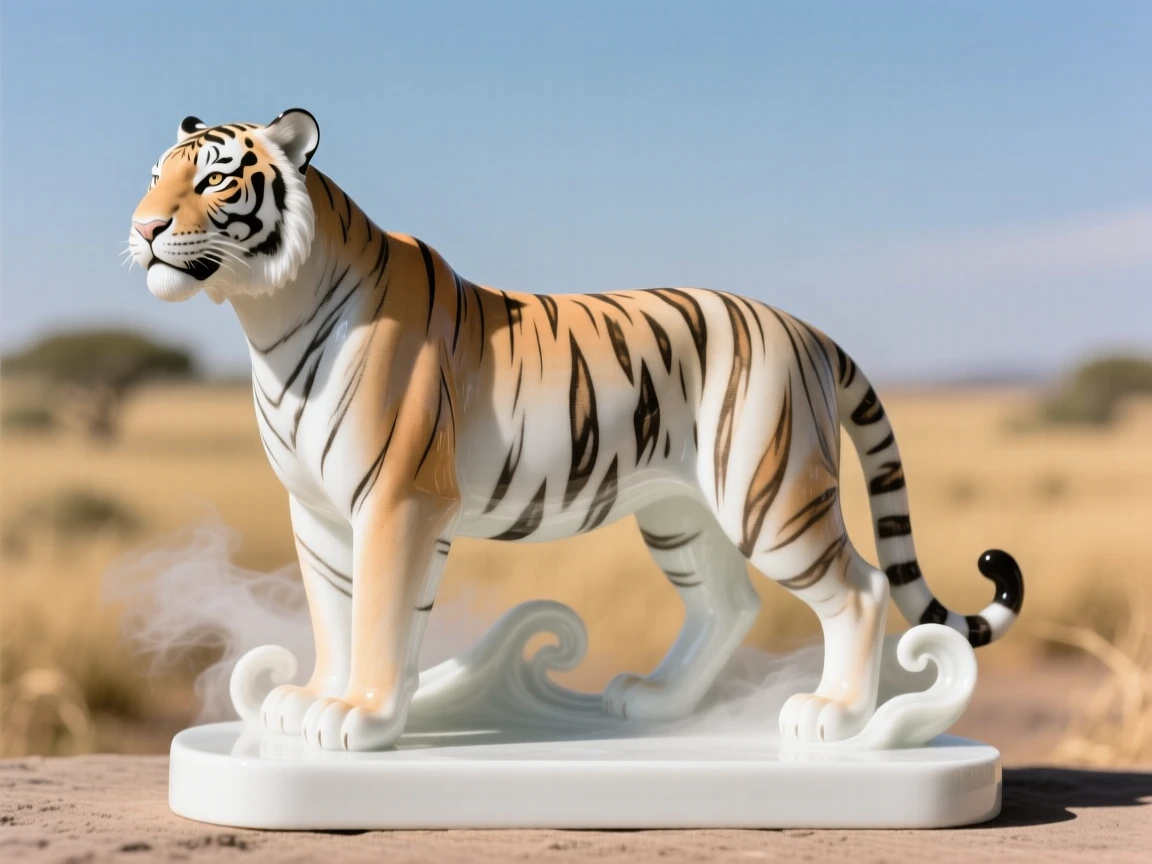 A proud tiger gazing calmly into the distance in a sun-drenched savanna, mist curling around its legs.