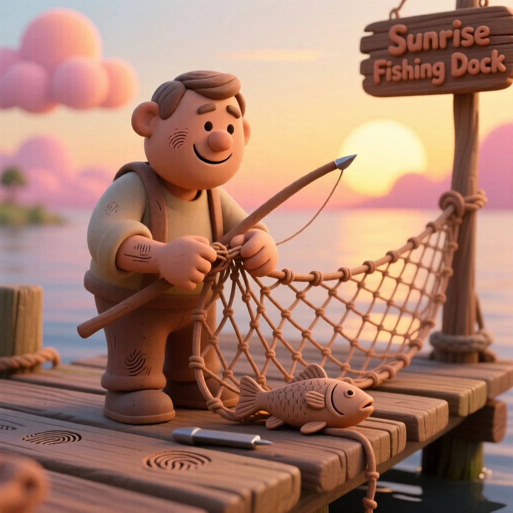 A fisherman mending his net at sunrise on a quiet wooden dock