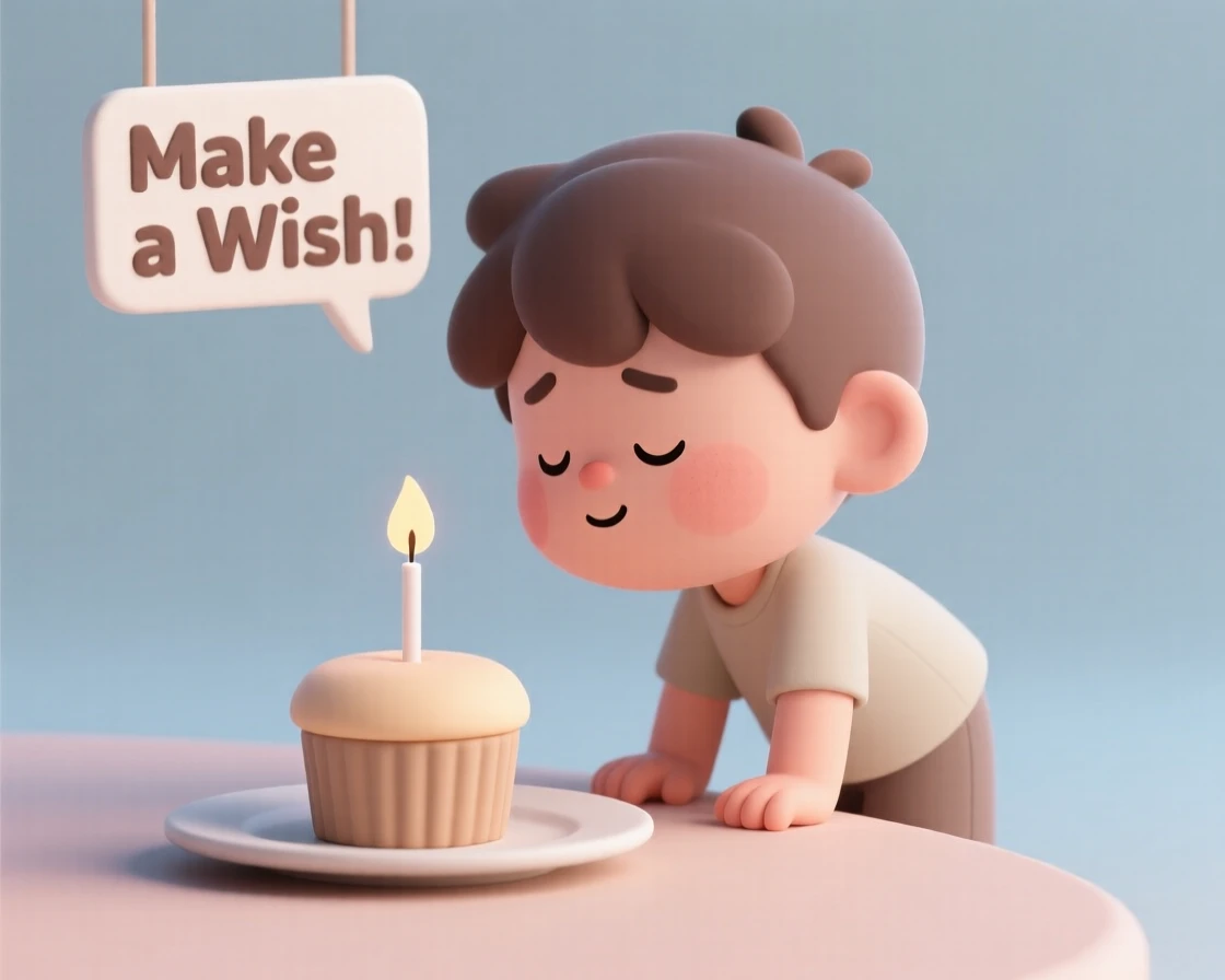 A young boy blows out a single candle on a small cupcake, eyes squeezed shut making an important birthday wish.