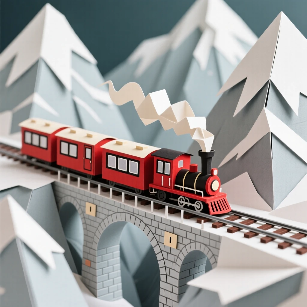A grand mountain railway winding through snow-capped peaks, a red vintage train crossing a high stone viaduct, capturing scenic adventure.