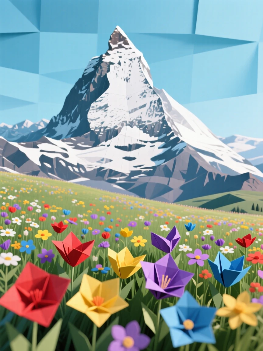 A wildflower meadow at the base of a towering snow-capped mountain under a clear sky.