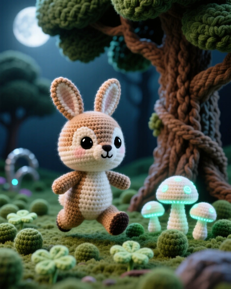 A charming portrait of a small baby jackalope, with a rabbit's body and tiny antlers, hopping through a field of clover beside a cluster of luminous mushrooms in a moonlit clearing surrounded by ancient trees, conveying curious innocence meeting a magical world.