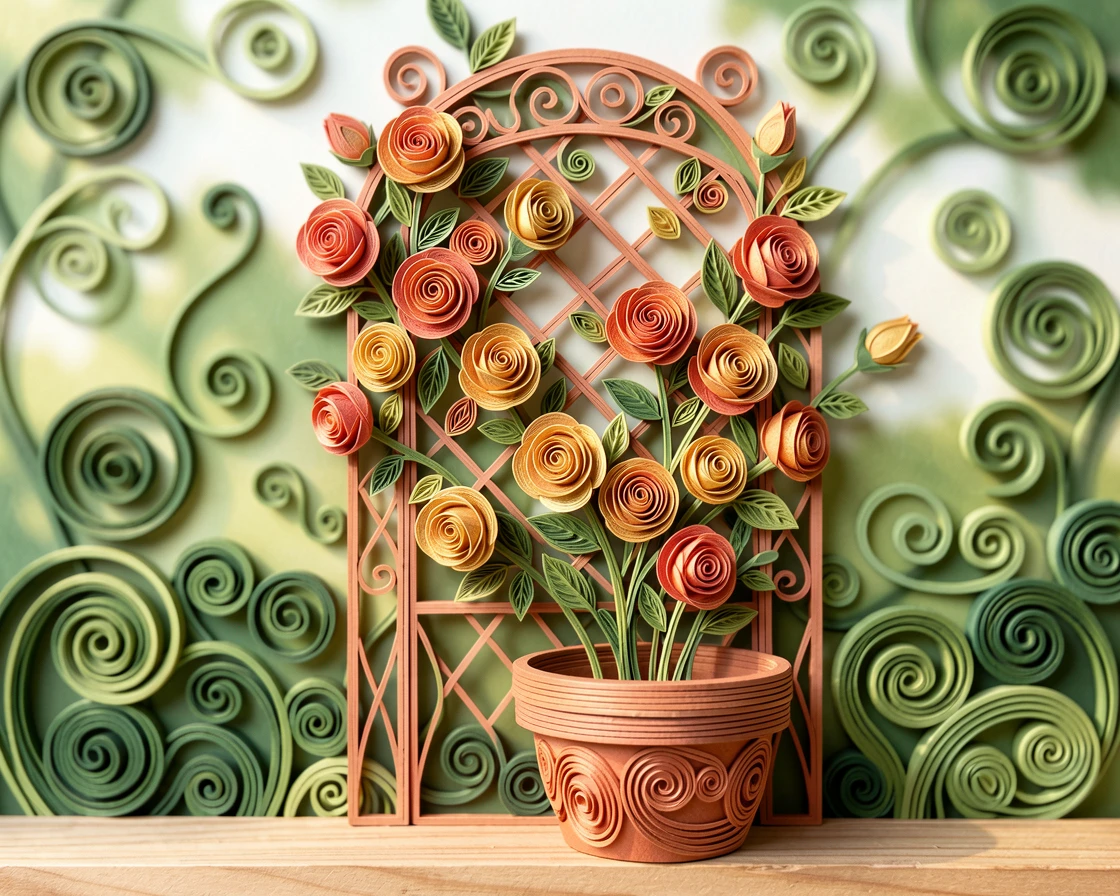 A serene botanical study of a garden trellis overflowing with climbing roses in a terracotta pot on a sunny balcony, in a rich gradient of coral, gold, and green, framed by soft out-of-focus greenery.