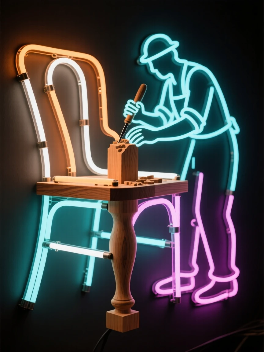 A woodworker carving details into a wooden chair leg.