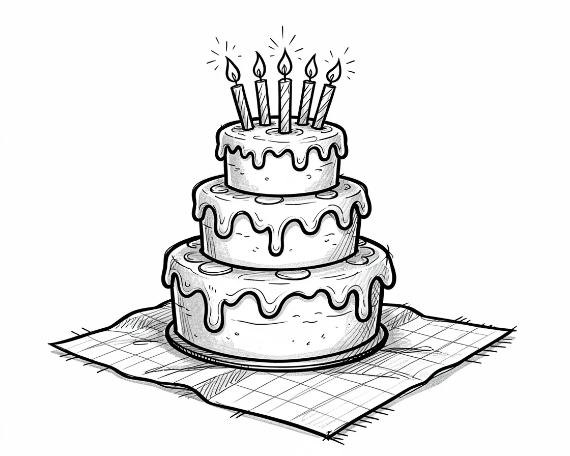 A towering three-layer birthday cake sitting on a picnic blanket.